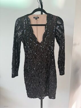 Express Black Sequin Mini Dress with Scalloped V-Neck